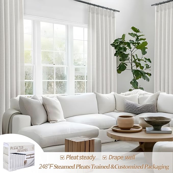 PleatedDrapes 102 Inch Long Curtains for Living/Dining Room, Elegant Pinch Pleated Linen Curtain 102 inches Light Filter Privacy That Let Light in Cortinas para Sala Modernas 2 Panels Set Beige White