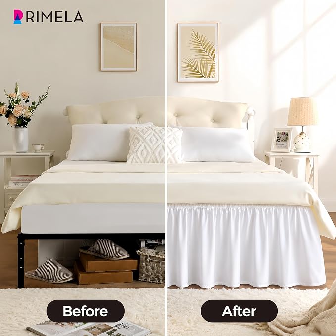 White Bed Skirt Queen Size 12 Inch Drop, Elastic Wrap Around Bedskirt | Solid Ruffled, Easy to Use, No Mattress Lifting, Wrinkle & Fade Resistant, with Adhesive Strips, Machine Wash/Dry/Iron