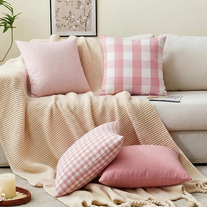 CARRIE HOME Farmhouse Pink Decorative Throw Pillow Covers 18x18 Inch Set of 4, Cute Light Pink Couch Pillow Covers 18 x 18， Spring Coquette Room Decor Boho Accent Cushion Covers for Sofa Bed