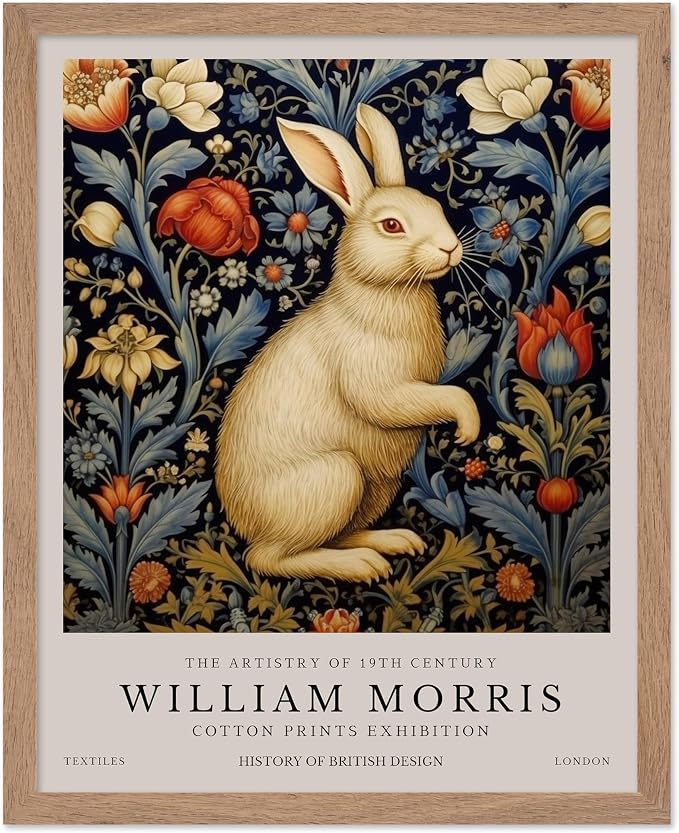 Poster Master William Morris Poster - White Rabbit Print - Flower Art - Animal Illustration - Floral Illustration - Bunny Illustration - Great Office or Bedroom Decor - 8x10 Beige Framed