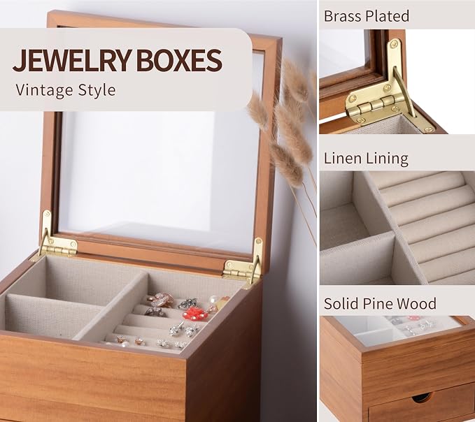 Clasin Home Jewelry Box with Glass Lid, 2 Layer Jewelry Organizer for Women, Solid Wooden Jewelry Box Display for Ring Earrings Necklace Bracelet, Pine Wood Jewelry Boxes Vintage Style for Gifts