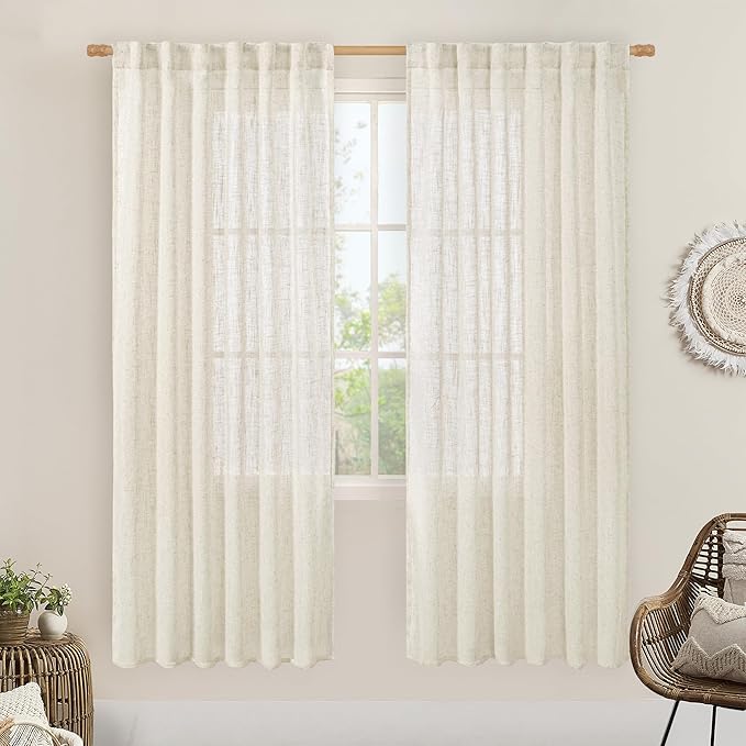 Natural Linen Semi Sheer Curtains 78 Inch for Bedroom Living Room | Light Filtering, Neutral Window Curtains, Farmhouse Boho, Natural Cream Ivory, Rod Pocket Back Tab,2 Panels, 52 x 78 Inch