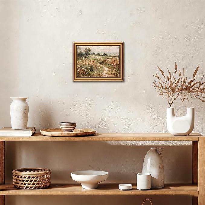 Vintage Gold Framed Wall Art Country Wildflower Field Wall Decor Picture Farmhouse Nature Rustic Cottagecore Landscape Poster Print for Gallery Living Room Bedroom Home Decoration 9x11in