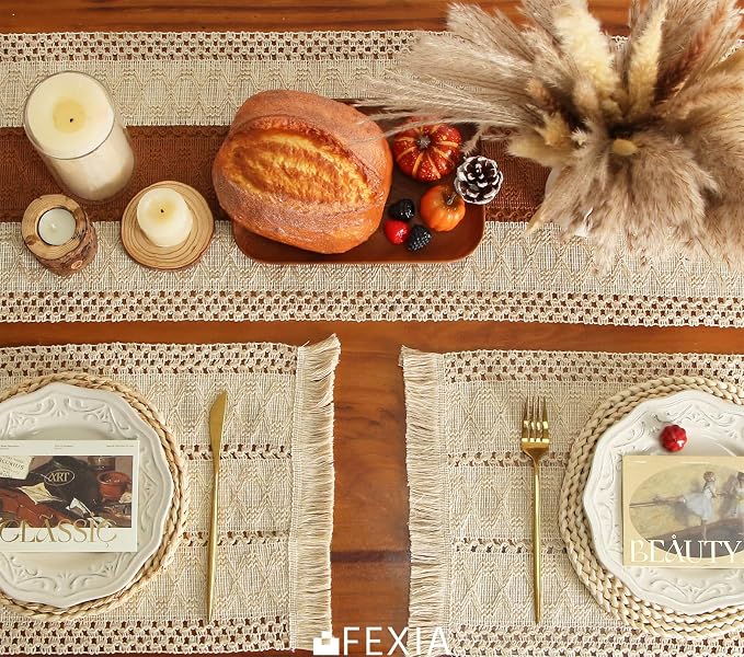 FEXIA Boho Placemats Set of 6 Table Mats Farmhouse Home Dining Decor | 12x20" Place Mat Set of 6 Macrame Table Decor Farmhouse Burlap Placemats for Home Dining Table Centerpiece Home Decorations