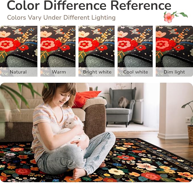 Washable Floral Area Rug for Living Room 8x10 Black | Non-Slip，Vacuum-Friendly, Low Pile, Flower Carpet for Bedroom Kitchen Entryway Dining Room Office Nursery