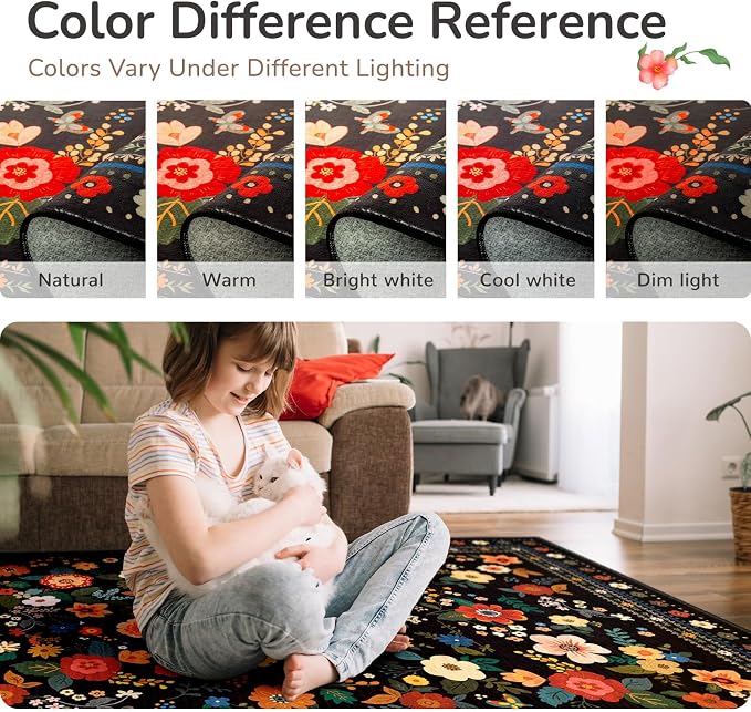 Washable Floral Area Rug for Living Room 5x7 Black | Non-Slip，Vacuum-Friendly, Low Pile, Flower Carpet for Bedroom Kitchen Entryway Dining Room Office Nursery
