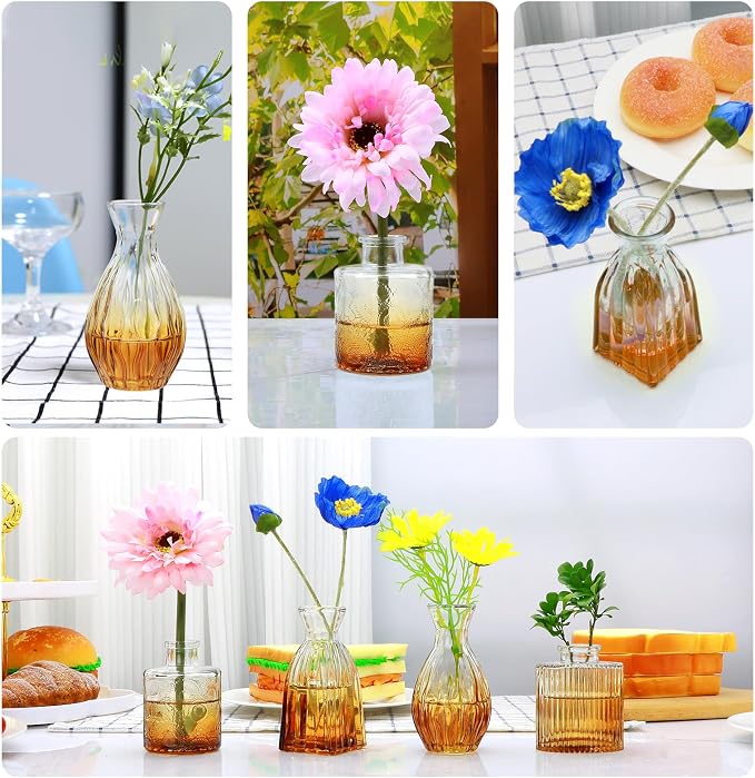 Glass Bud Vases Set of 4, Small Brown Flower Vases for Wedding Centerpieces | Clear Vintage Embossed Mini Vases for Table Decorations, Flower Arrangements in Vases for Party or Home Decor