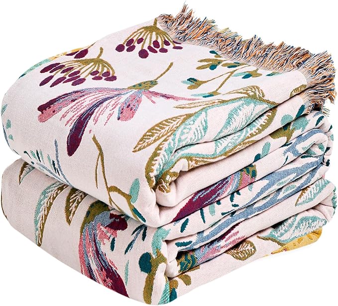 MSGKV Boho Throw Blanket 50"x60" 100% Cotton Floral Throw for Couch Sofa | 100% Cotton Throw, Floral Pattern, Reversible Woven, Breathable Lightweight, Farmhouse Home Decor, Machine Washable