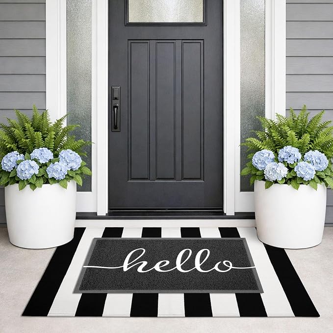 KILOCOCO Black and White Striped Rug 2.3'x3.6' Washable Front Door Mat | Indoor Outdoor Rugs, Cotton Layered Doormats, Low Pile Front Porch Rug, Woven Welcome Mat for Entryway Kitchen Patio