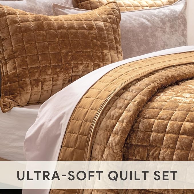 RECYCO Channel Box Stitch Velvet Quilt Set, King Size, Caramel Gold | Ultra Soft Lightweight Velvet Comforter, Luxury Oversized Bedspread Coverlet, Quilted Bedding Set for All Season with 2 Shams