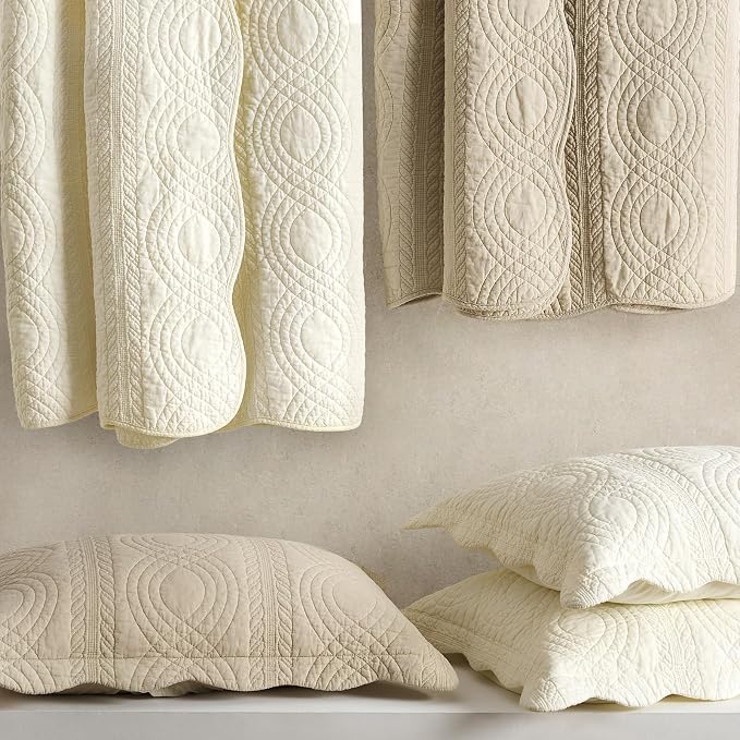 EverGrace 100% Cotton Scallop Quilt Set, Queen Size, Flax Beige | Scalloped Border, Timeless Chic Aesthetic, All-Season Comfort, Perfect French Country Bedroom Decor, 3 Piece Set with 2 Shams