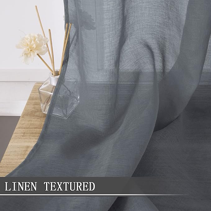 Tollpiz Sheer Tier Curtain Linen Textured Half Kitchen Curtains Sheer Light Filtering Rod Pocket Voile Small Curtains for Bathroom, 25 x 36 inches Long, Dark Grey, Set of 2 Panels