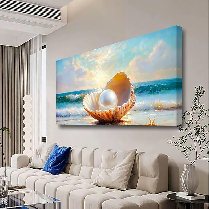 Seashells Pearls Pictures Canvas Wall Art Living Room Office Bedroom Wall Decor Sea Landscape Wall Art Prints Modern Blue and White Landscape Artwork Waterproof Ready to Hang - 20x40 inches