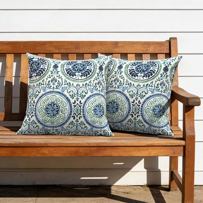 Outdoor Pillow Covers Waterproof 20x20 Inch Set of 2 Medallion Blue Decorative Outside Patio Furniture Cushion Cases Decor for Porch Garden