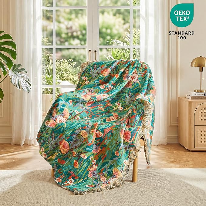 MSGKV Boho Throw Blanket 60"x80" 100% Cotton Floral Blanket for Couch Sofa | 100% Cotton Throw, Floral Pattern, Muslin Blanket, Summer Breathable, Farmhouse Home Decor, All Seasons, Machine Washable