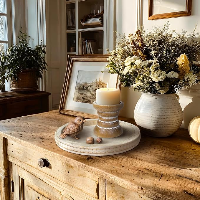 Pillar Candle Holder, Farmhouse Wood Candle Holder, Rustic Wooden Candle Stand, Vintage Small Wooden Candlestick Holders for Living Room, Table Centerpiece, Brown