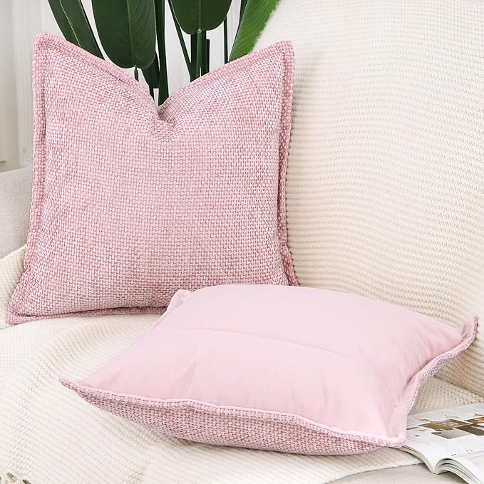 MADIZZ Decorative Chenille Velvet Throw Pillow Covers Set of 2 Soft Boho Textured Neutral Couch Throw Pillow for Bed Modern Farmhouse Home Decor for Sofa Livingroom Pink 20x20 Inch