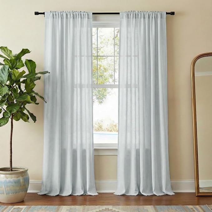 NICETOWN Linen Blend Light Cyan Curtains 96 inches Long, Rod Pocket & Back Tab Light Filtering Semi Sheer Window Treatments Privacy Added Drapes for Living Room, W55 x L96, 2 Panels