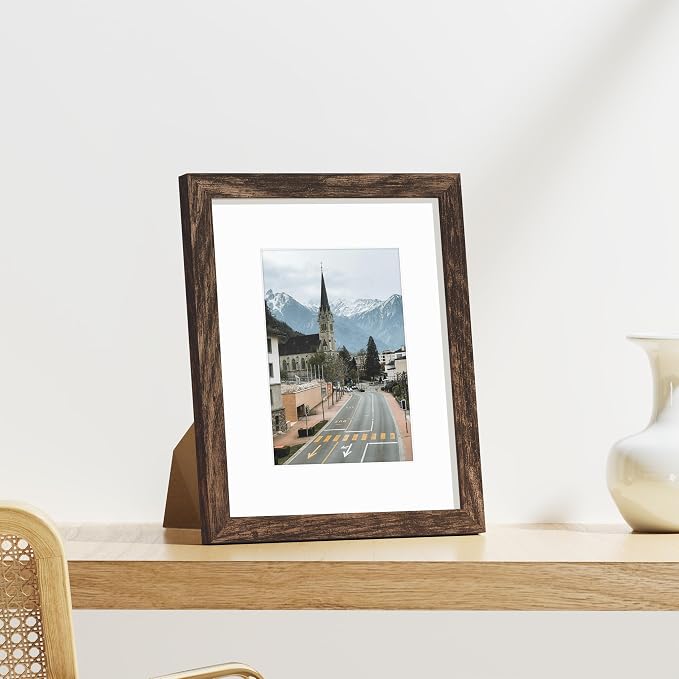 Vittanly 8x10 Picture Frames Set of 9 for Wall or Tabletop Display, Brown | Display Pictures 5x7 with Mat or 8x10 without Mat, Small Photo Frames, Engineered Wood with Shatter Resistant Plexiglass