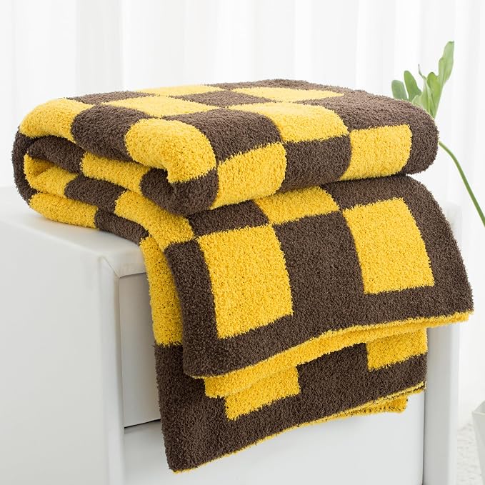 Carriediosa Checkered Throw Blanket 50x60, 400GSM Ultra Soft Microfiber | Yellow, Fuzzy Fluffy Cozy Plush Knit Knitted Plaid Checker, Lightweight Cute Preppy Fall Blankets & Throws for Couch, Bed