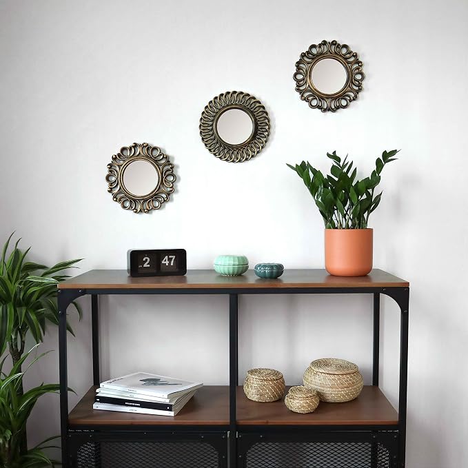 BONNYCO Wall Mirrors Pack of 3, Round Gold Mirrors for Home Decor Bedroom and Living Room. Espejos Decorativos de Pared Sala Dormitorio, Circle Wall Decor Minimalist Vintage Chic. Gifts for Women Mums | Pack of 3 Round Mirrors Ideal for Living Room, Ho...