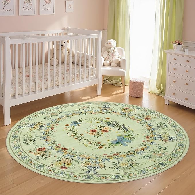 Joydeco Boho Bow Floral Machine Washable Round Rugs 5ft, Beige Flower Circle Girls Bedroom Nursery Area Rug Non Slip, Circular Indoor Carpet for Kids Playroom Living Dining Room Classroom, Beige