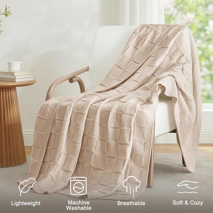 Whale Flotilla Checkered Knit Throw Blanket for Couch, Camel | Soft Decorative Knitted Blankets for Couch Sofa Bed, Lightweight Cozy Throws for Spring Summer, 50x60 Inch