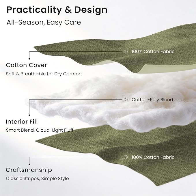Love's cabin King Size Cotton Quilt Set, 100% Cotton Fabric Striped Textured Coverlet with Crinkled Look, Lightweight Quilted Bedspread for All Season, Includes 2 Pillow Shams, Olive Green