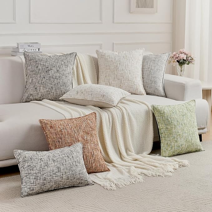FUTEI Pack of 2 Chenille Tweed Vintage Throw Pillow Covers 20x20 Inch Soft Decorative Cushion Case Modern Farmhouse Accent for Couch Bed Living Room, Light Green