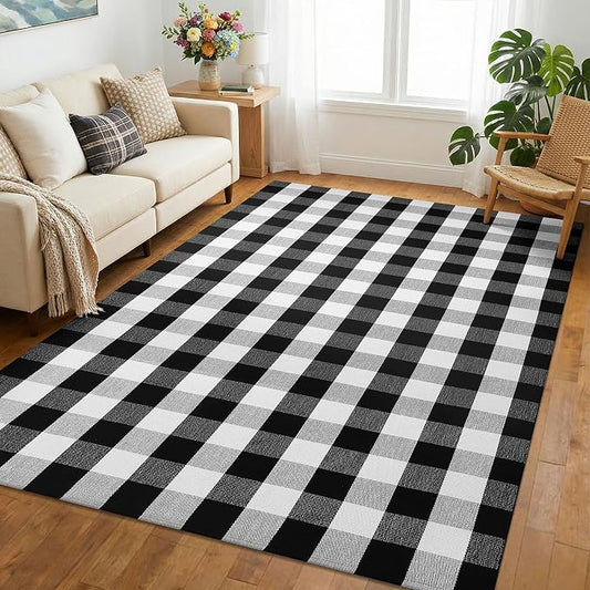 KOZYFLY Buffalo Plaid Area Rug 5x8 ft Living Room Rug, Black and White | Washable Checkered Rugs, Cotton Bedroom Rug, Woven Dining Room Rug, Indoor Outdoor Carpet for Farmhouse Patio Front Porch