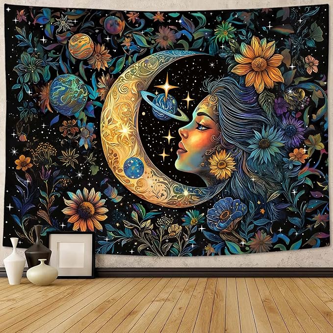 Accnicc Sun and Moon Tapestry for Bedroom Hippie Boho Floral Flower Plant Wall Tapestry Aesthetic Vintage Galaxy Celestial Star Spiritual Large Tapestries Wall Hanging for Living Room Dorm 80 x 60 Inch
