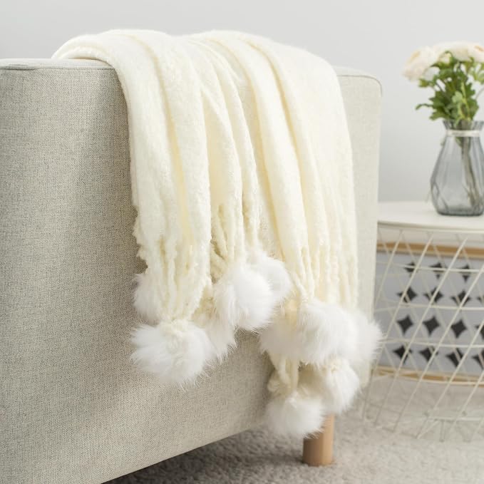 White Pom Pom Throw Blanket for Couch, 60"X80" Soft Lightweight Knitted Farmhouse Decorative Blankets for Bed and Sofa