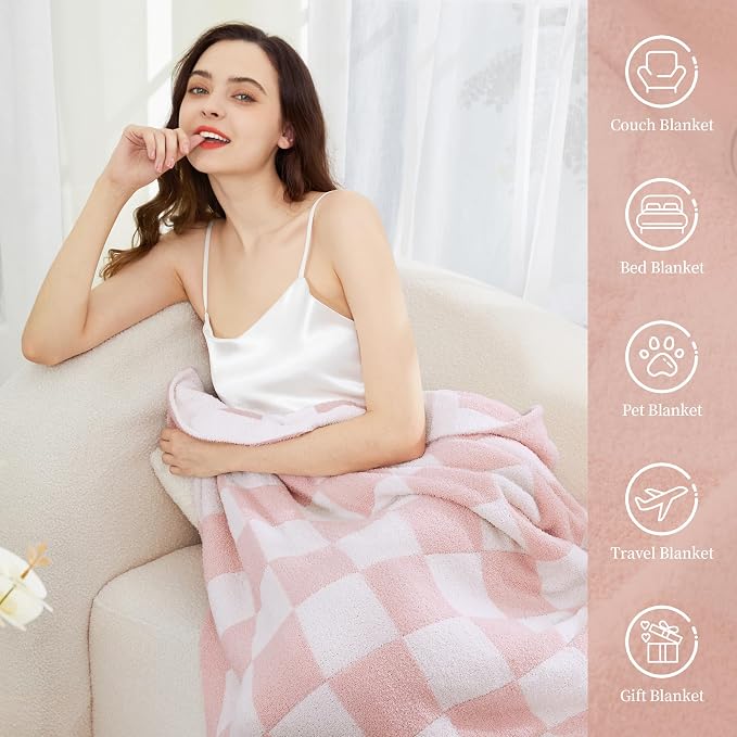 SeaRoomy Fuzzy Checkered Throw Blanket for Couch,Light Pink 60"X79" | Warm,Cozy,Fluffy,Lightweight,Gift for Women Couch Sofa Bed Room Decor