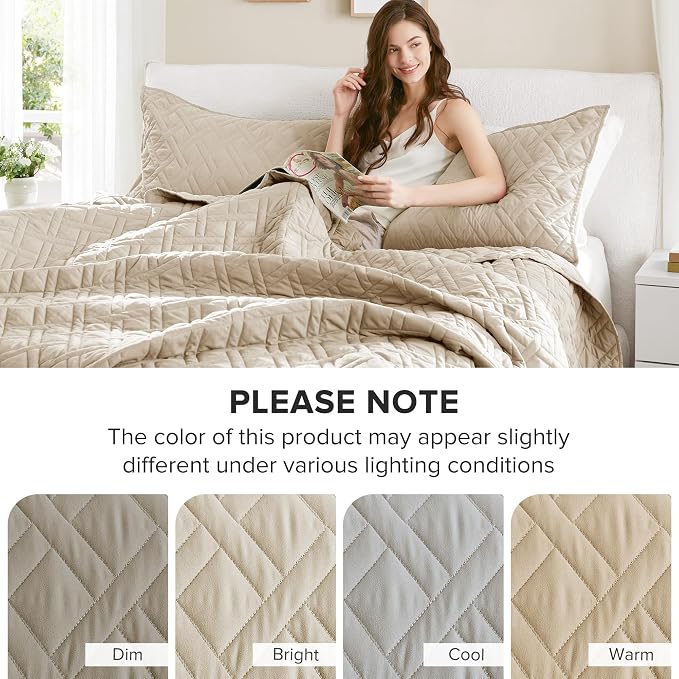 Comfort Spaces Kienna Bed Quilt Set King Size 3P, 104"x90" Beige Diamond | Soft Cozy Lightweight Summer Coverlet Cal King, Quilted Bedspreads Extra Layer, Modern Casual Bedroom Decor, OEKO-TEX