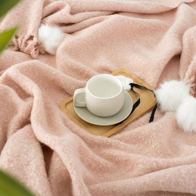 Pink Pom Pom Throw Blanket for Couch, 50"X60" Soft Lightweight Knitted Farmhouse Decorative Blankets for Bed and Sofa