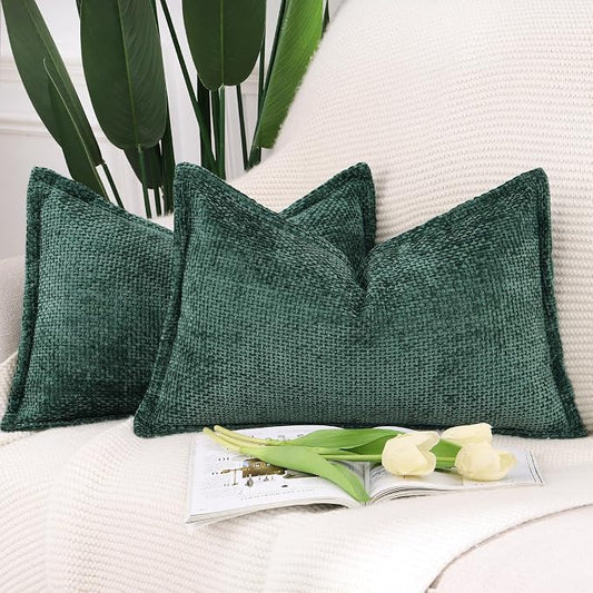 MADIZZ Decorative Chenille Velvet Throw Pillow Covers Set of 2 Soft Boho Textured Neutral Couch Throw Pillow for Bed Modern Farmhouse Home Decor for Sofa Livingroom Dark Green 12x20 Inch