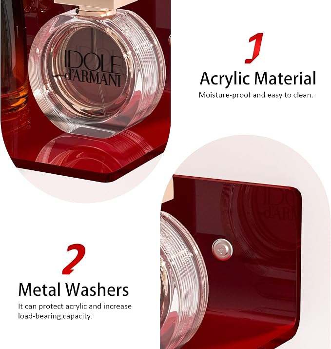 Sezanrpt 12 Inches Red Small Wall Shelves, Acrylic Bathroom Floating Shelves for Living Room, Bathroom, Bedroom, 2 Pack
