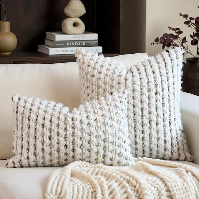 Aeckself Handmade Boho Chenille Tufted Pillow Cover 12x20 Inch, Rectangle Decorative Lumbar Throw Pillow Cover Neutral Pillowcase for Couch Bedroom Living Room, Green White
