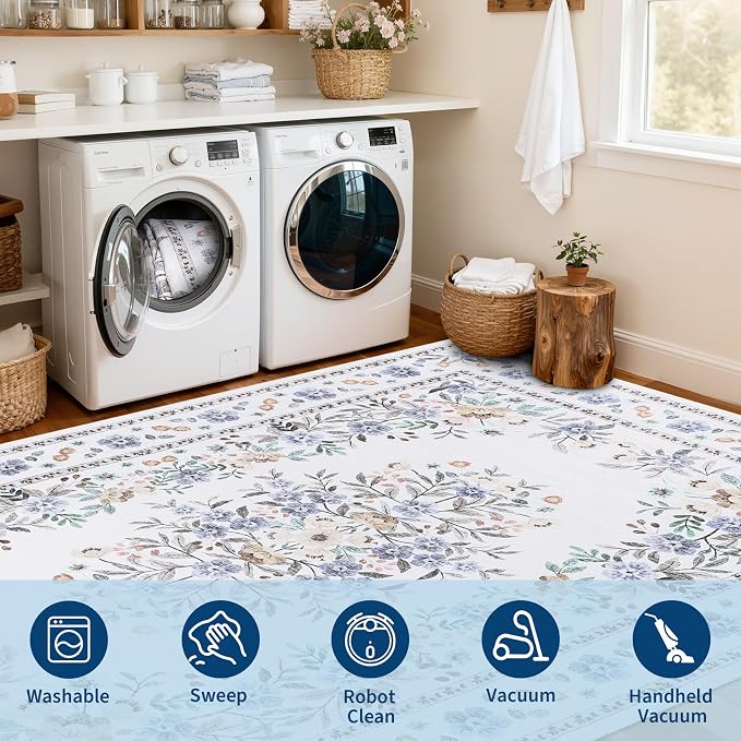GarveeHome 2x6 Floral Runner Rug for Nursery Vintage Flower Runners | Washable Non-Slip Low Pile Botanical Floor Carpets for Bedroom Multi-Color Floral Area Rugs for Hallway Kitchen Beige