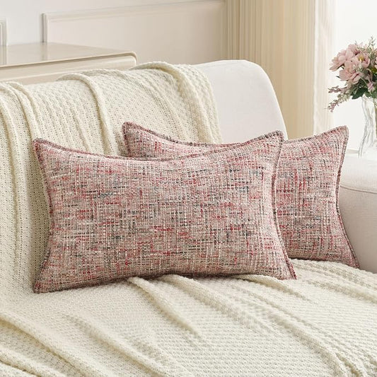 FUTEI Pack of 2 Chenille Tweed Vintage Throw Pillow Covers 12x20 Inch Soft Decorative Lumbar Pillowcase Modern Farmhouse Accent for Couch Bed Living Room, Blush