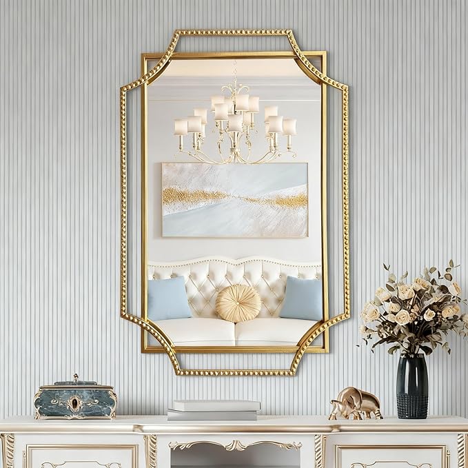 Gold Bathroom Mirror with Metal Frame 24"x36" Antique Beaded Decorative Wall Vanity Mirror Rectangle Polished Beveled Mirrors for Bedroom Entryway Fireplace