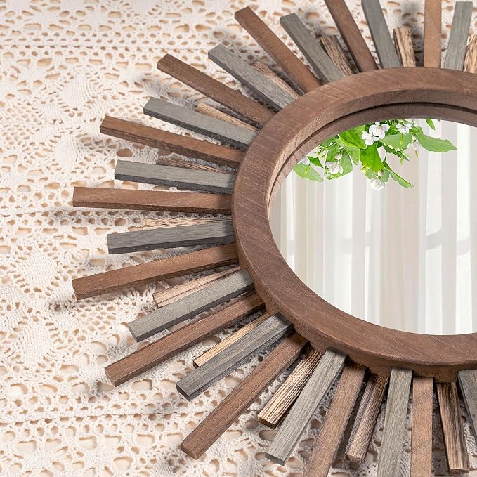 18 Inch Boho Sunburst Mirror, Decorative Rustic Farmhouse Wall Decor for Living Room, Bedroom, Bathroom, Hallway - Tricolor Wood Frame