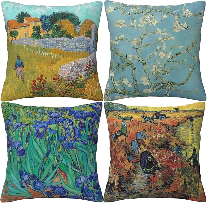 Van Gogh Painting Throw Pillow Covers 18x18 inch Set of 4 Irises Almond Blossom Impressionist Art Pillow Cases Modern Decorative Cushion Covers for Sofa Couch Living Room