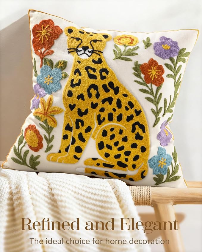 Animal Embroidered Throw Pillow Cover 20x20 Inch, Leopard Floral | Decorative Pillow Cover, Boho Cushion Cases with Hidden Zipper, Fall Decor for Couch, Sofa, Living Room, Bedroom