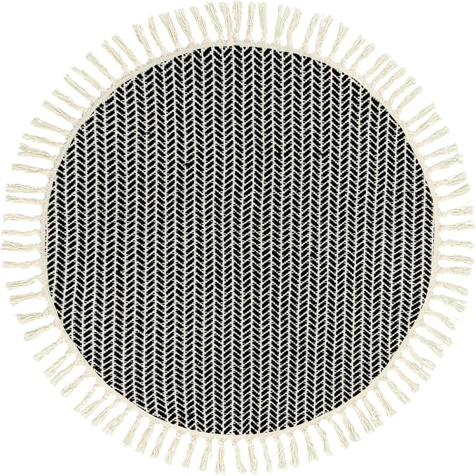 Lahome Boho Black and White Round Rug 3ft, Small Circle Bathroom Rugs | Lightweight Washable Rugs for Entryway with Tassels, Farmhouse Woven Cotton Non Shedding Mat for Dorm Bedroom Kitchen