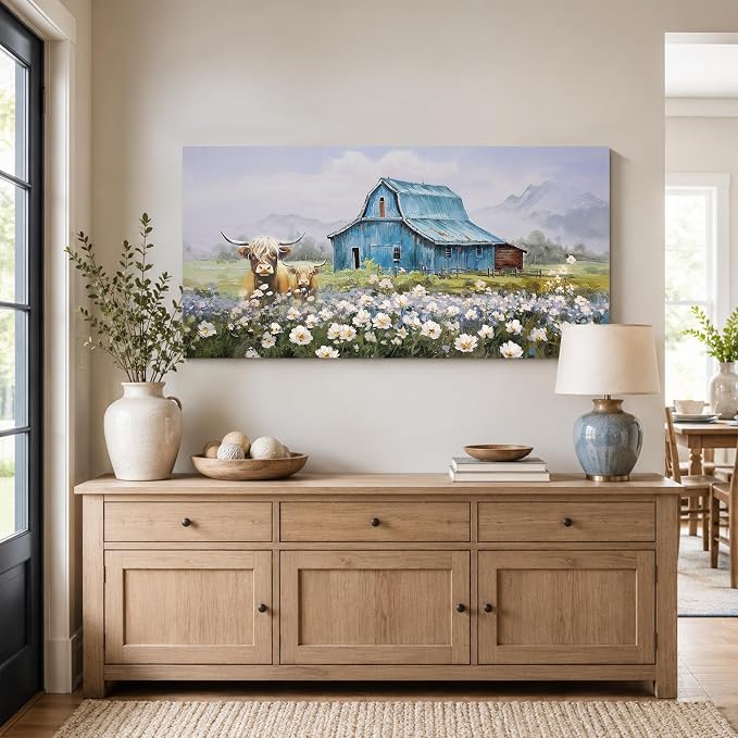 Anolyfi Farmhouse Highland Cow Canvas Wall Art for Living Room 40"x20" | HD Print, Waterproof Canvas, Easy to Hang, Durable and Colorfast, Country Barn Wall Decor for Bedroom Office Hallway Home