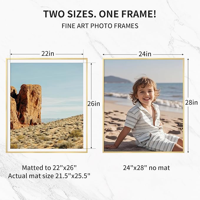 24x28 Metal Picture Frame with 22x26 Mat, Brushed Aluminum Finish, Tempered Glass, and Attached Hanging Hardware - Versatile Wall Display Frames for Vertical or Horizontal Orientation, Gold, 1 Pack