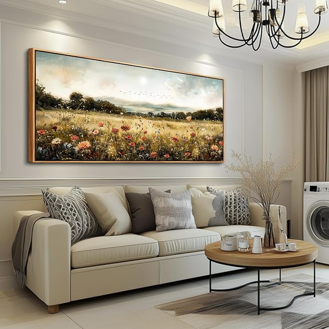 KELIYUAN Large Canvas Wall Art For Kitchen Dining Room Vintage Decor, Lawn Paintings With Flowers Wall Decorations Prints Home Office Living Room Bedroom Restaurant Home Decor 32"X72" Wooden Frame