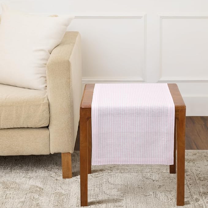 Solino Home 100% Pure Linen Table Runner, 14 x 36 in, Pink and White Stripe | Narrow Stripe, dresses up dining tables for everyday meals, European flax fibres, machine washable, soft, OEKO-TEX Certified