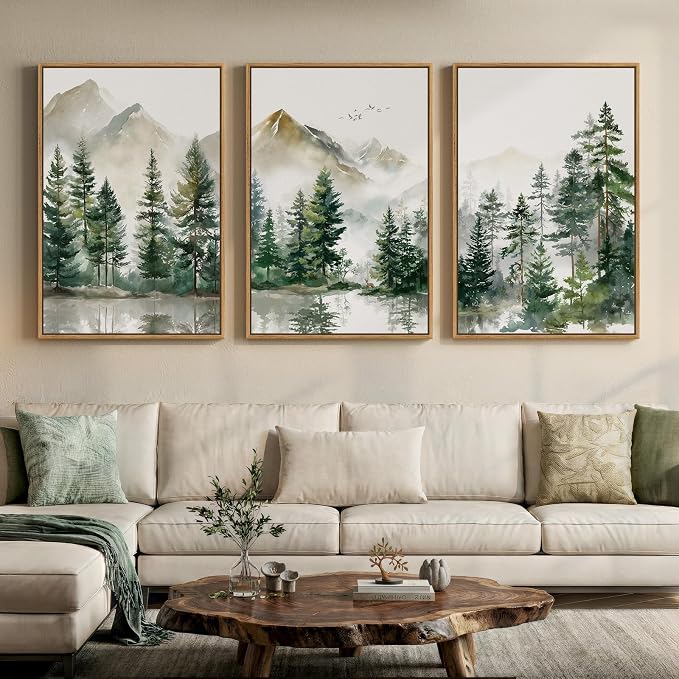 Framed Forest Mountain Wall Art for Living Room, 3 Piece Green Pine, 24x36 | Watercolor, Nature, Pine tree print, Foggy scenic, Landscape, Minimalist, Bedroom decor, Home office, Hallway, Canvas artwork